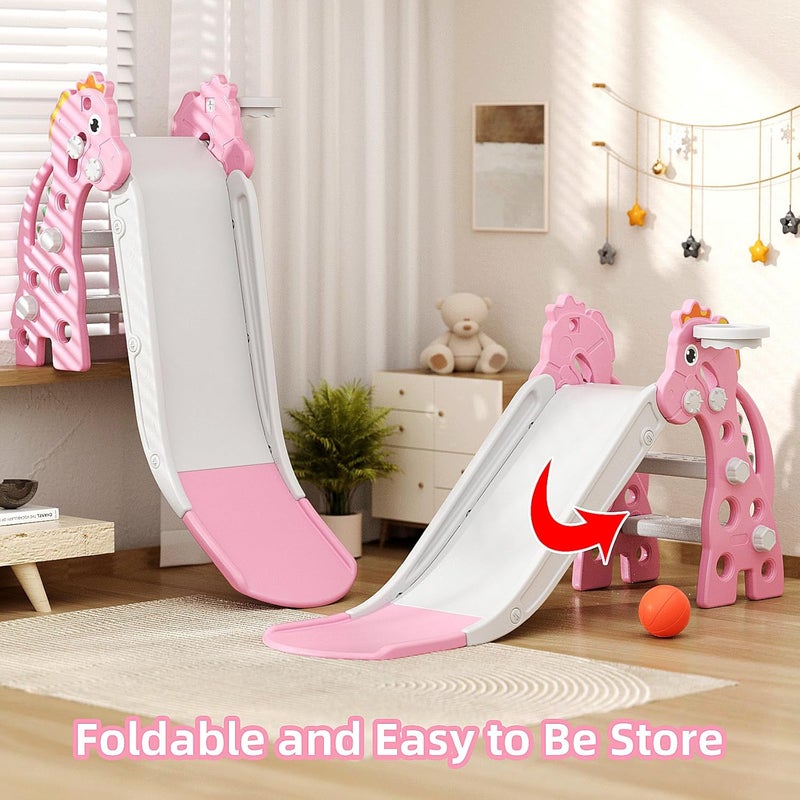 67i Toddler Slide for Indoor & Outdoor Play with Basketball Hoop, Anti-Slip Steps, 46.8in Baby Climber (Pink) - Image 5